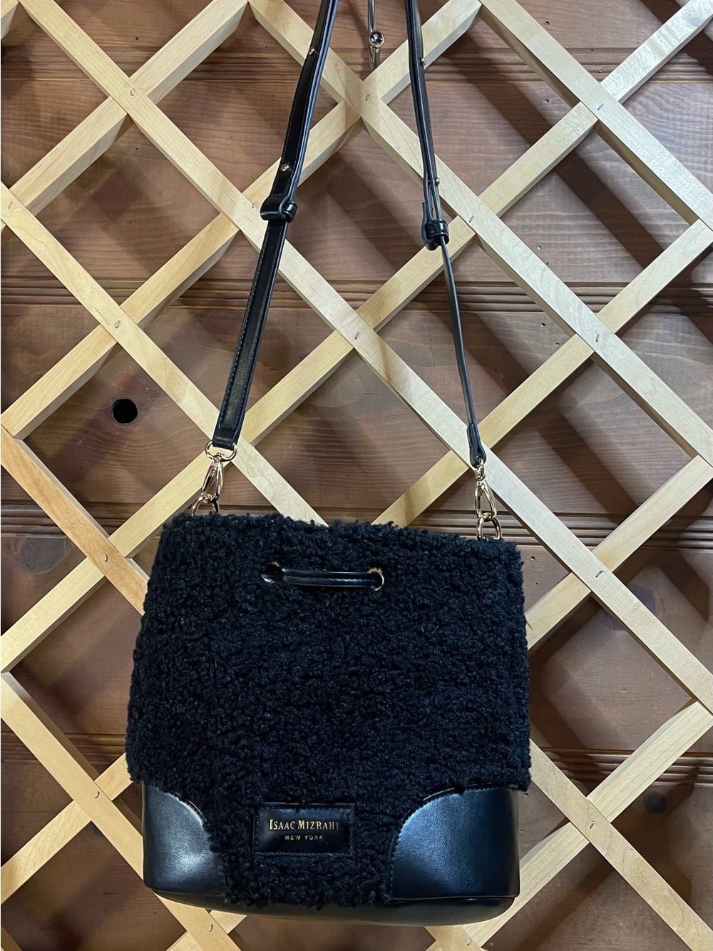 Isaac Mizrahi New York Black Teddy Sherpa  & Vegan Leather-Trim Crossbody Bag
